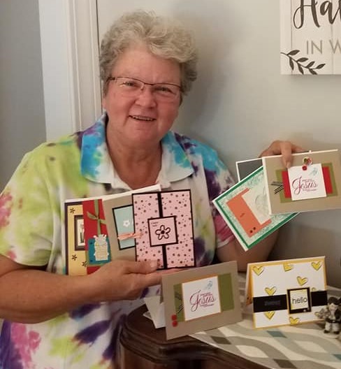 Nancy making cards to send to assisted living residents.