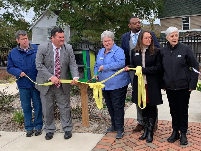 Nancy, Dee Dee, Linda B. & West Columbia mayor and officials at the ribbon cutting for the Little Free Library at Carraway Park.